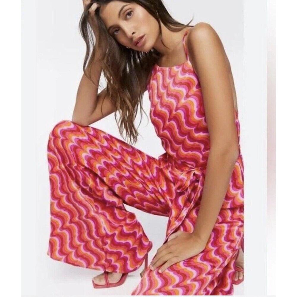 Forever 21 Disco Barbie Halter Jumpsuit Costume Wide Leg Women Sz L Stretch FLAW